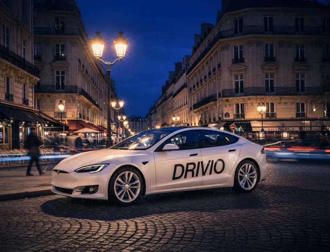 Berline Drivio blanche garée sur les pavés d’une rue parisienne la nuit